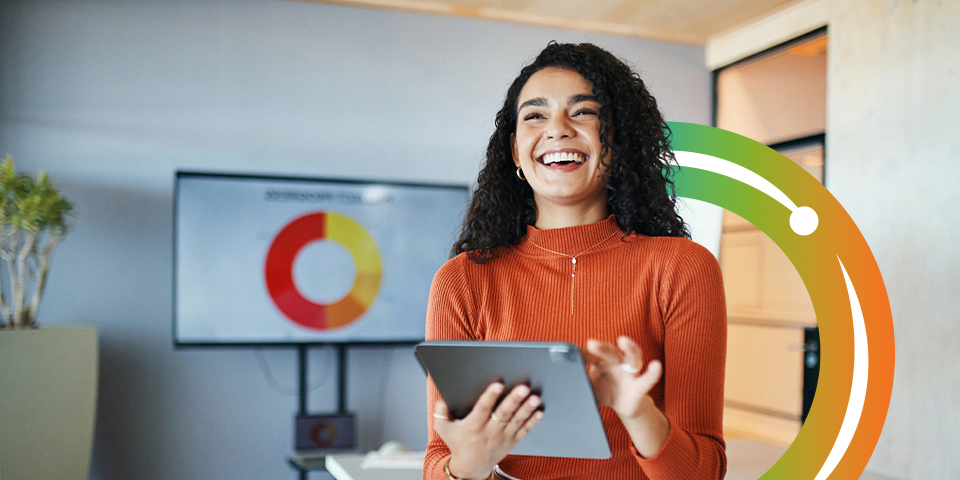 A professional girl smiling with her technological device
